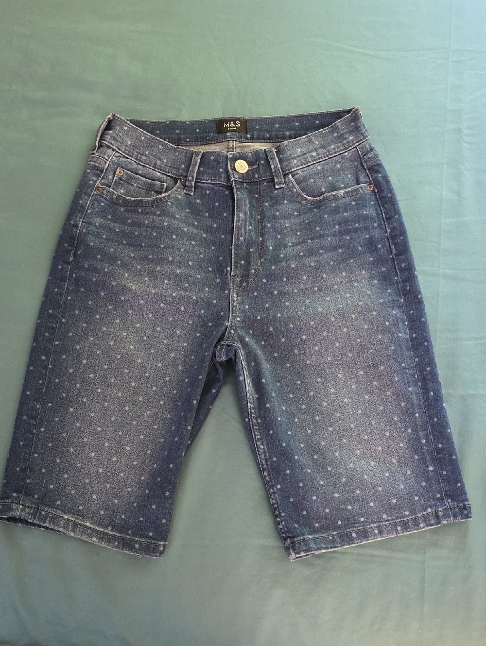 M&S Denim Bermuda Shorts in Faded Blue Polka Dot